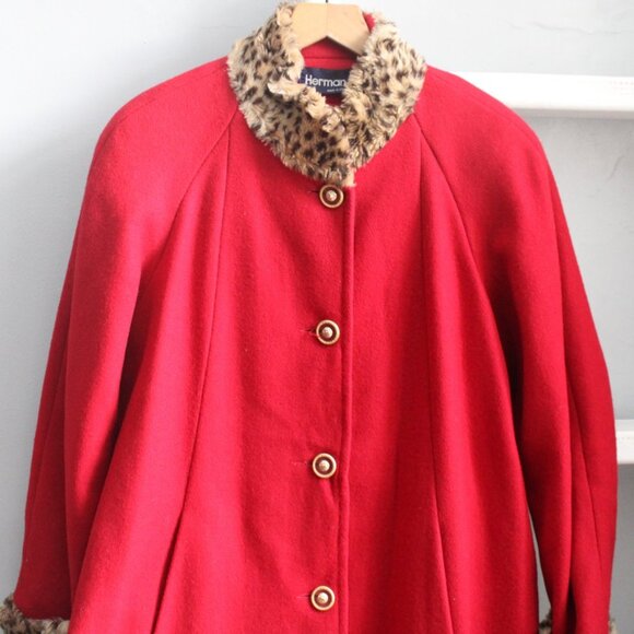 Herman Kay Vintage Women's  Faux Leopard Fur Trim Red Wool Swing Coat sz Medium - Picture 4 of 8
